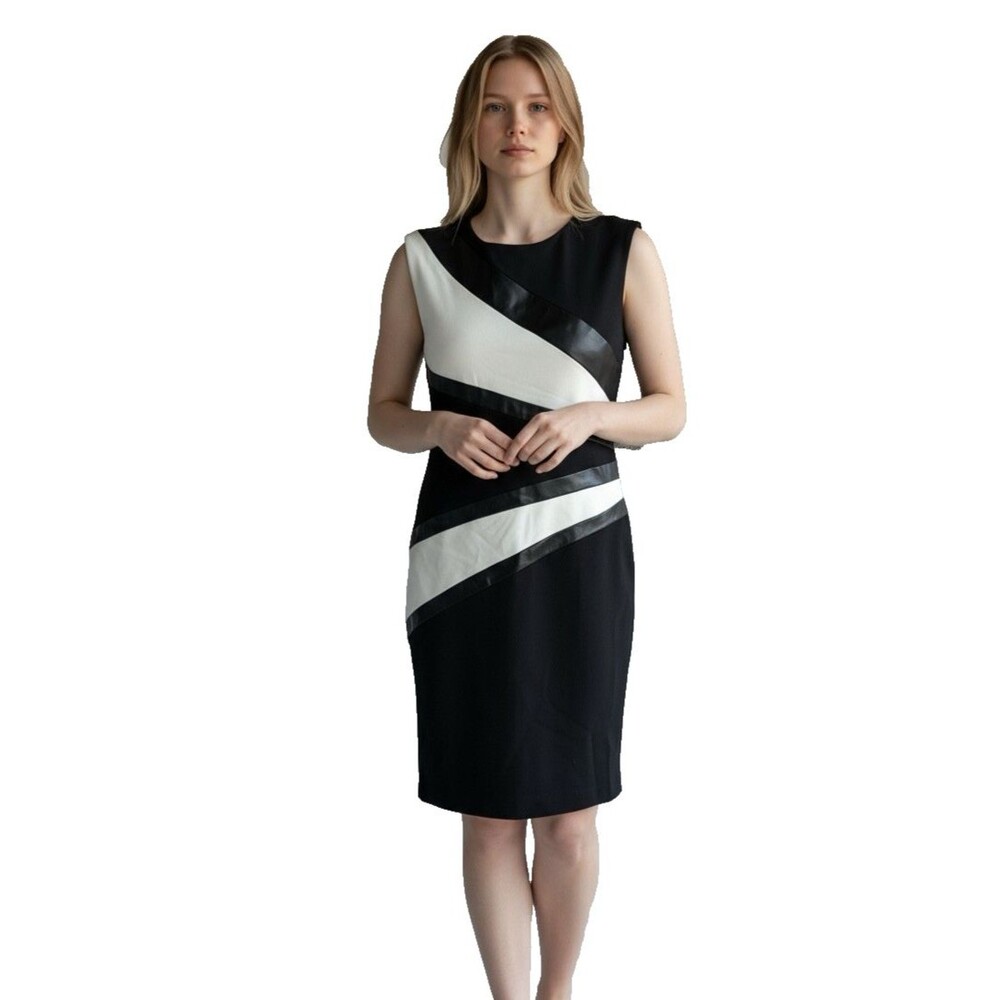 Calvin Klein Leather Y2K White Black Color Block Sheath Dress 2 NWT